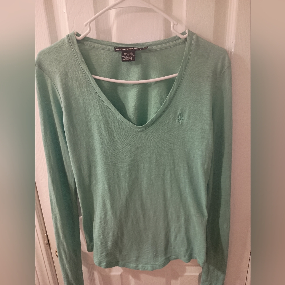 Small Ralph Lauren Women's Aqua V-Neck Long Sleeve